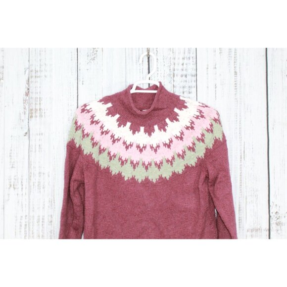 LL Bean Cotton Ragg Sweater Funnelneck Pullover Fair Isle Deep Wine L - Picture 2 of 10